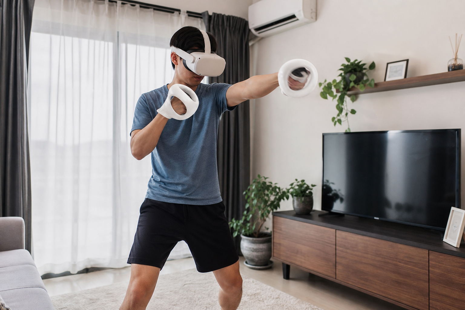 A person using VR boxing gloves in a small apartment living room, demonstrating the workout in a confined space.