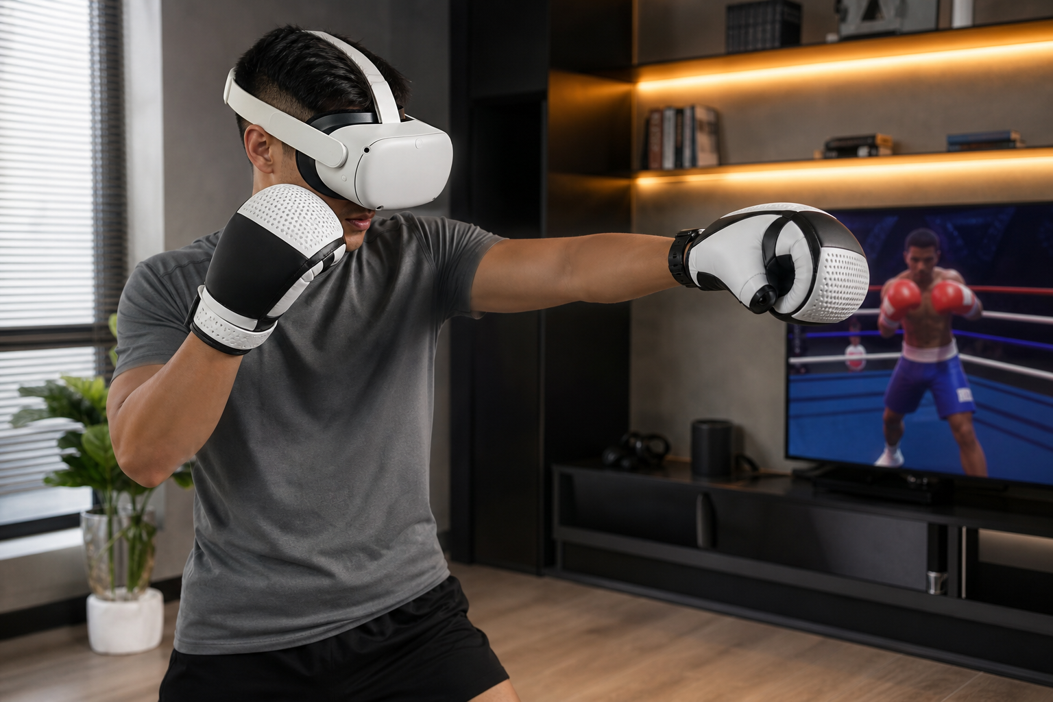 A final verdict graphic showing the VR boxing gloves with a 'Maybe' rating, summarizing the pros and cons.