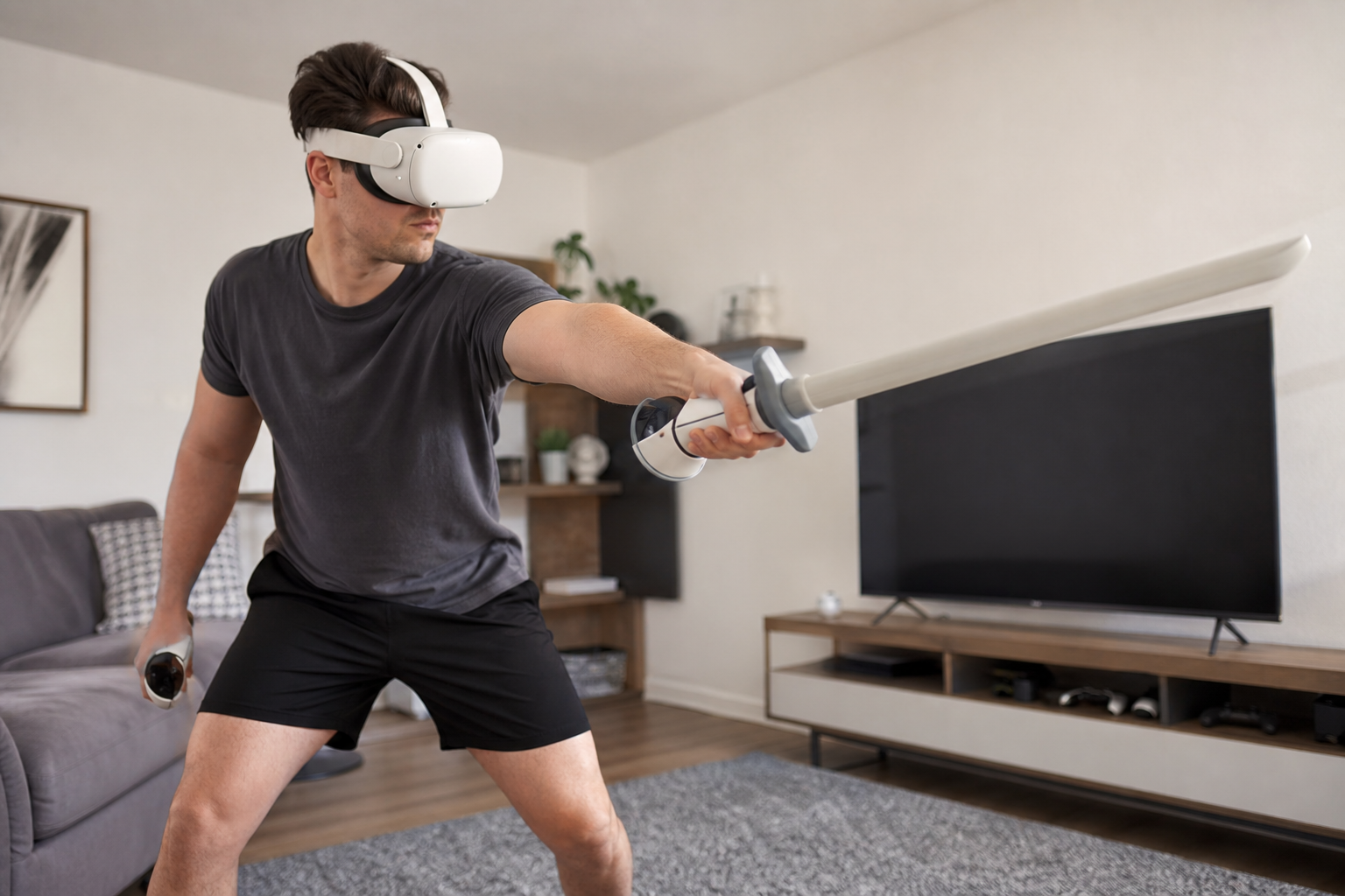 A VR sword accessory for the Meta Quest Touch Plus controller, shown fully assembled.