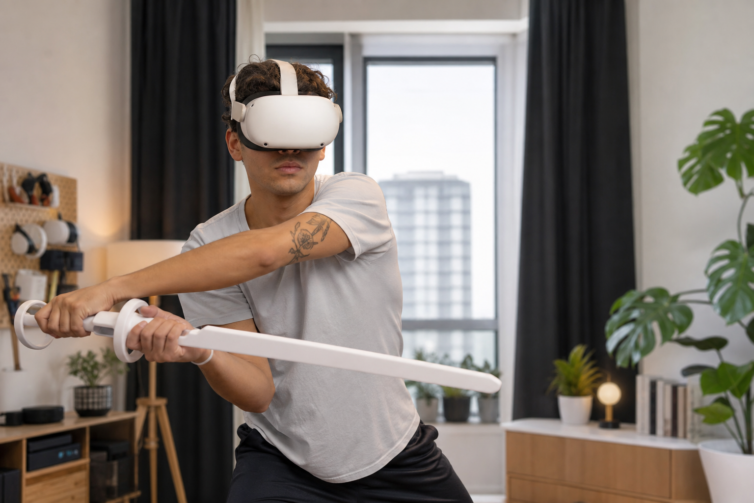 The VR sword accessory showing the steps to attach and detach the controller, highlighting the time it takes.