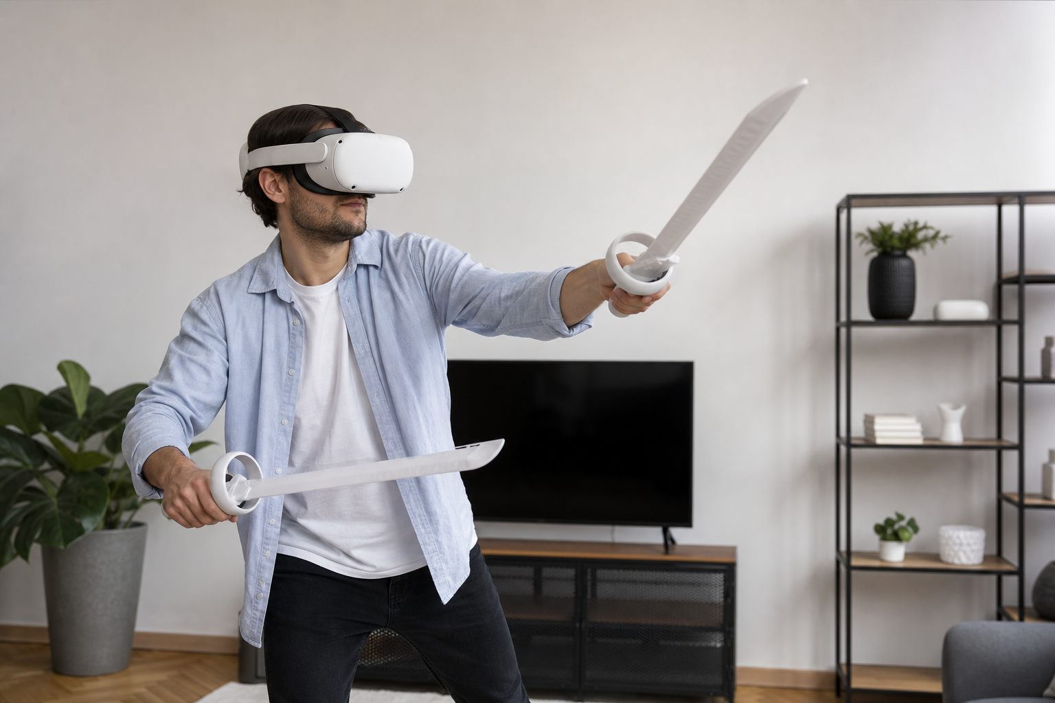 A player's arm reach shown with a standard controller versus the shorter reach with a VR sword accessory.