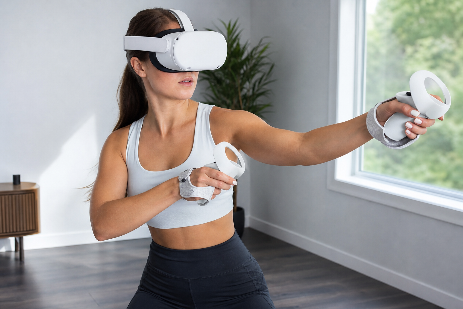 A person in a VR headset actively playing a fitness sword game with the VR sword accessory.