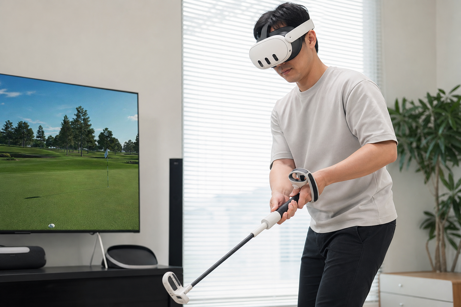 A VR golf club attachment with a Quest Touch Plus controller inside, ready for a putting practice session in an apartment setting.