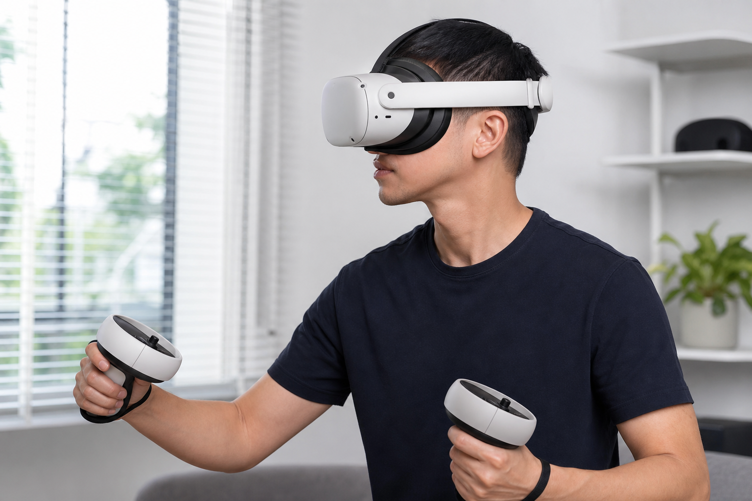 A person in VR appearing to adjust their posture while holding a VR golf club, showing the effect of a 20-minute session.