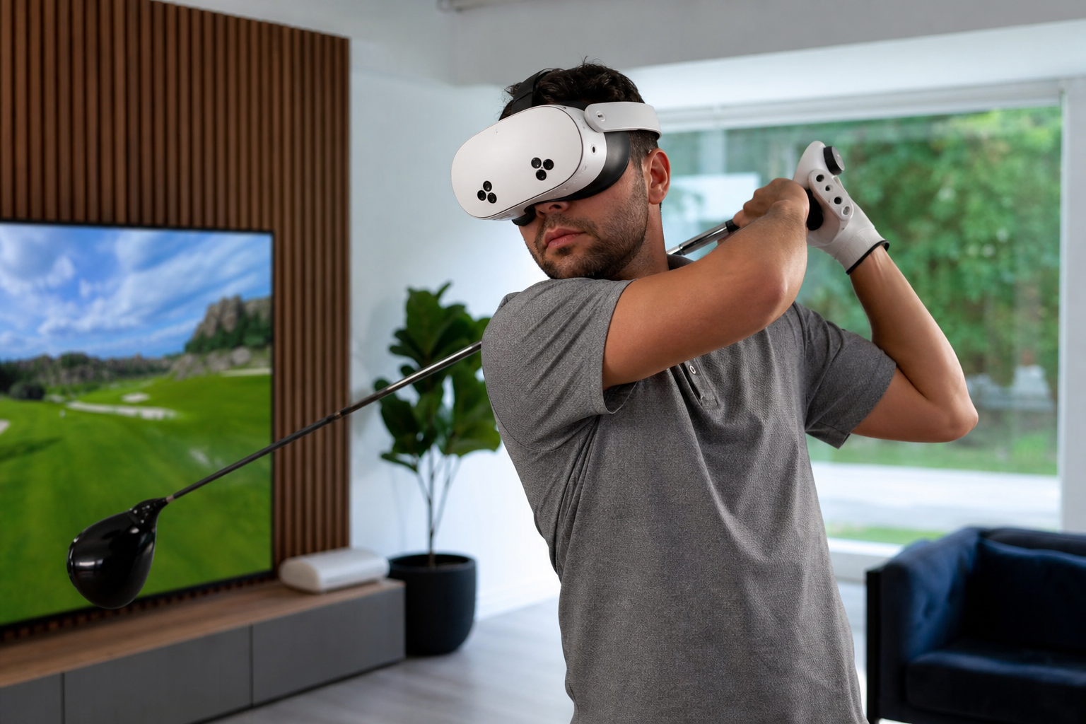 Screenshot of VR golf game settings showing height and club length calibration options.