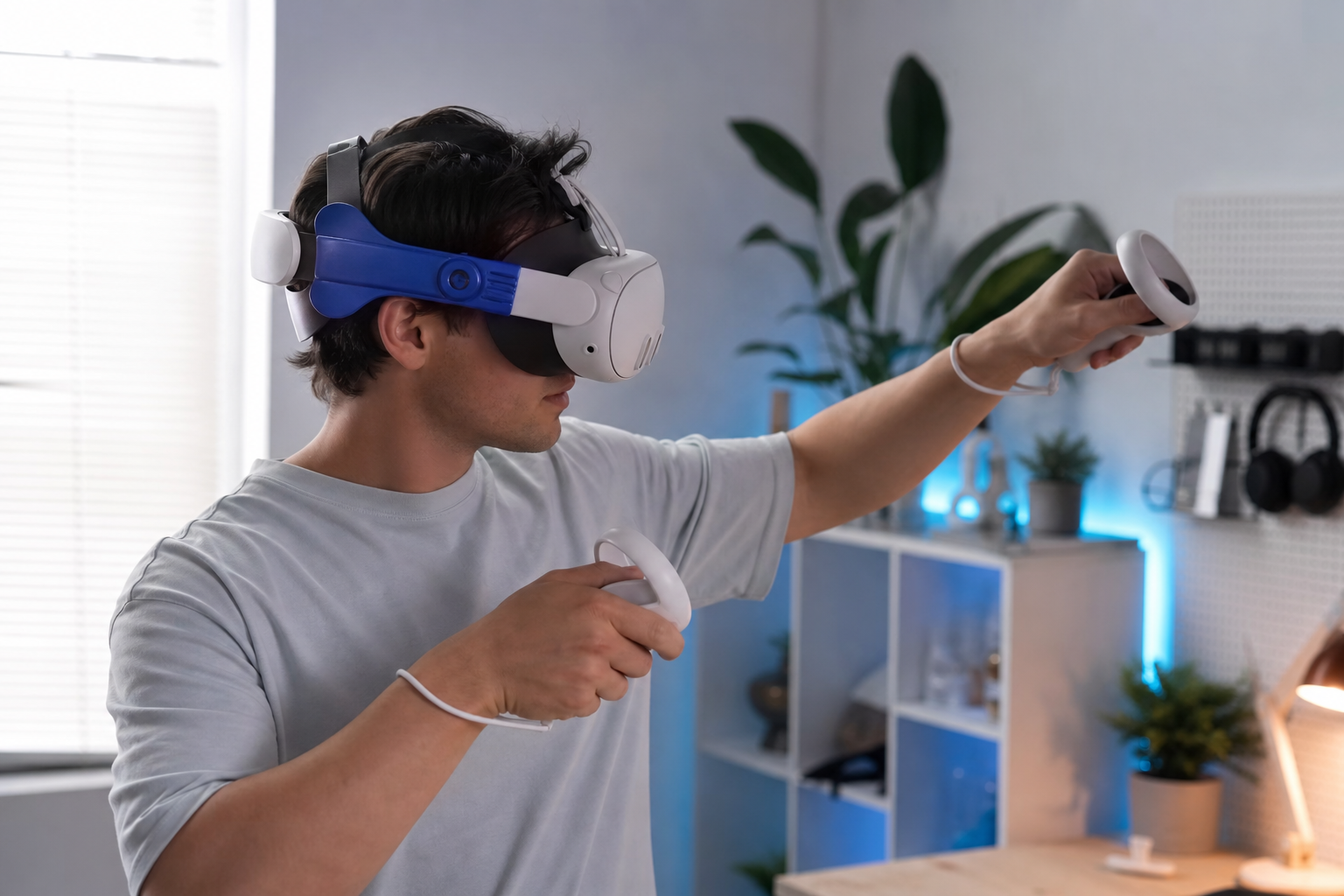 A hand struggling to remove a Quest Touch Plus controller from a VR golf club attachment.