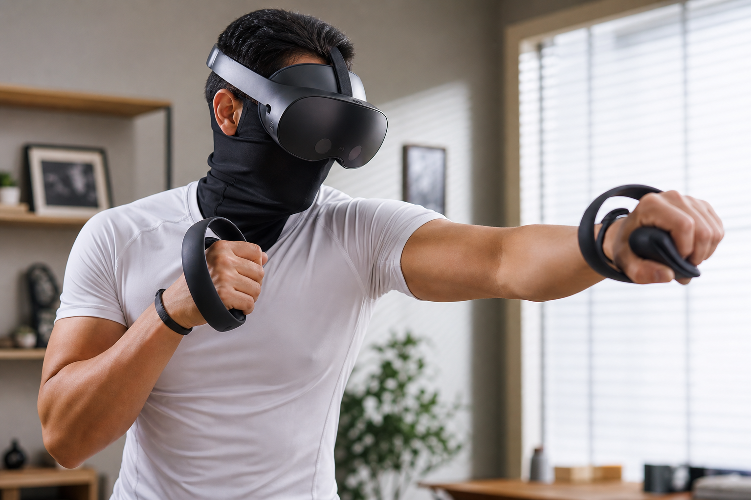 Quest Pro headset with a VR sweat mask next to it before a FitXR workout