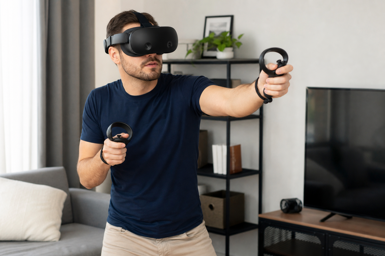 One person handing a Quest Pro headset to another person for a VR game