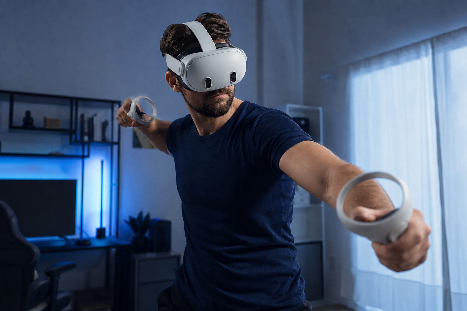 A player mid-punch during an intense FitXR boxing session on Quest Pro