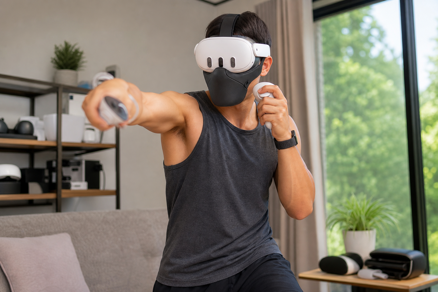 A final layout of the Quest Pro Touch Controllers and the VR sweat mask