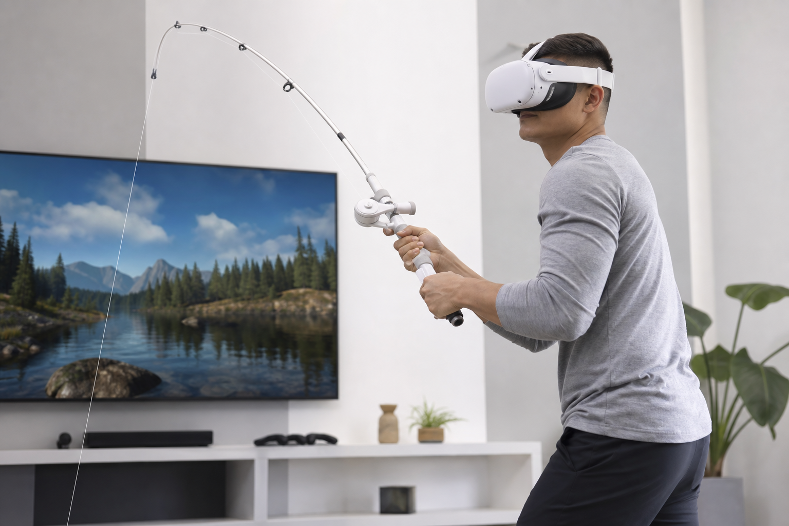 An older player holding a VR fishing rod accessory attached to a Meta Quest 3 controller during a family game night.