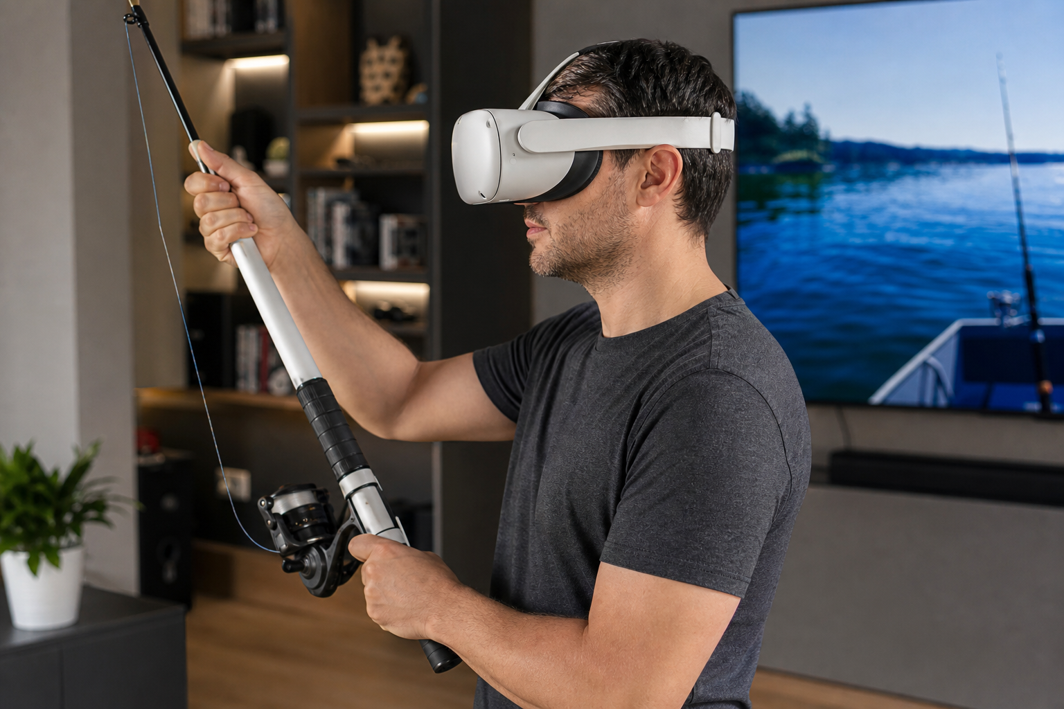 A person awkwardly holding a VR fishing rod with one hand while trying to point at a game menu with the other.