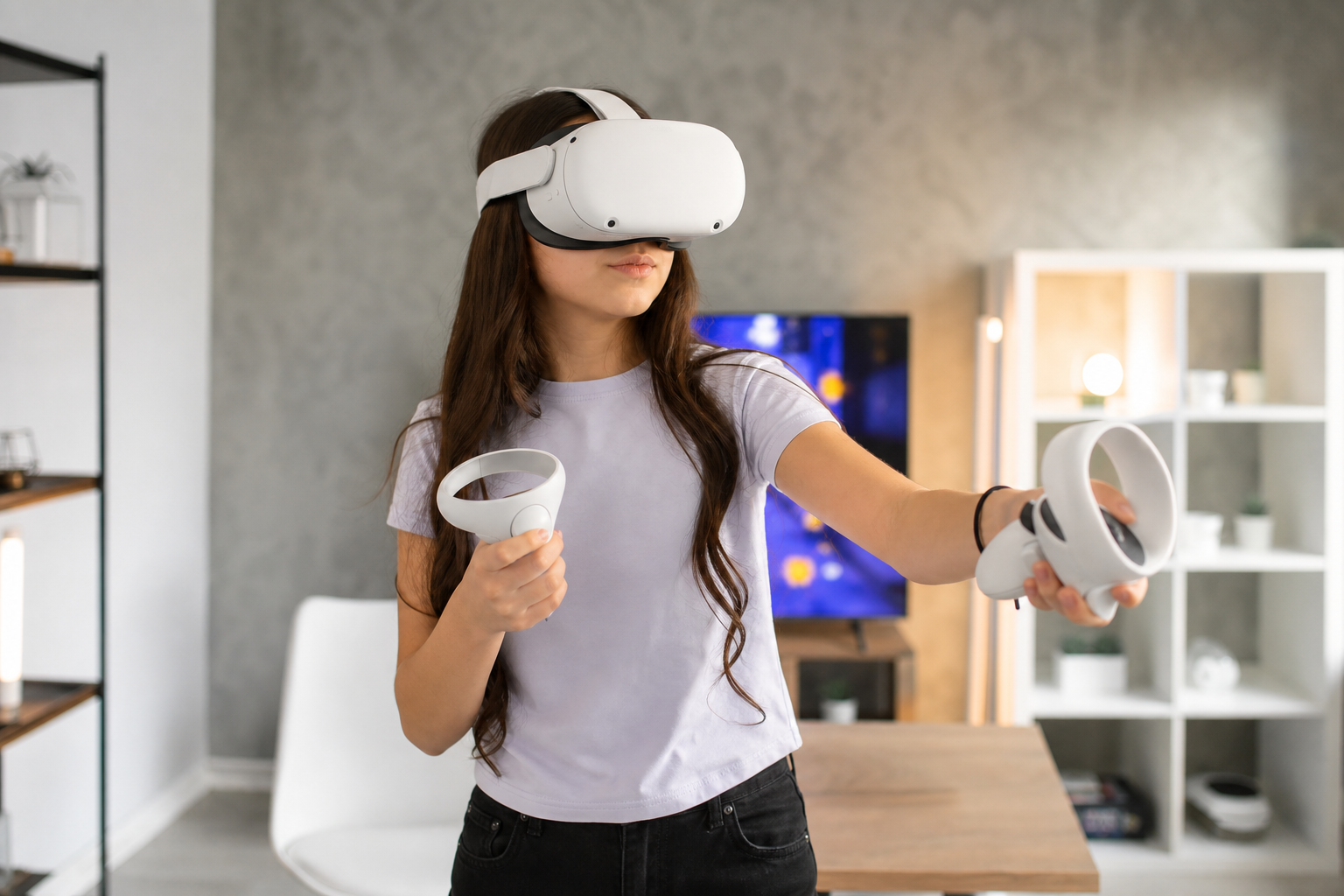 A family playing VR in a living room, with one person using a fishing rod accessory, demonstrating the need for ample space.