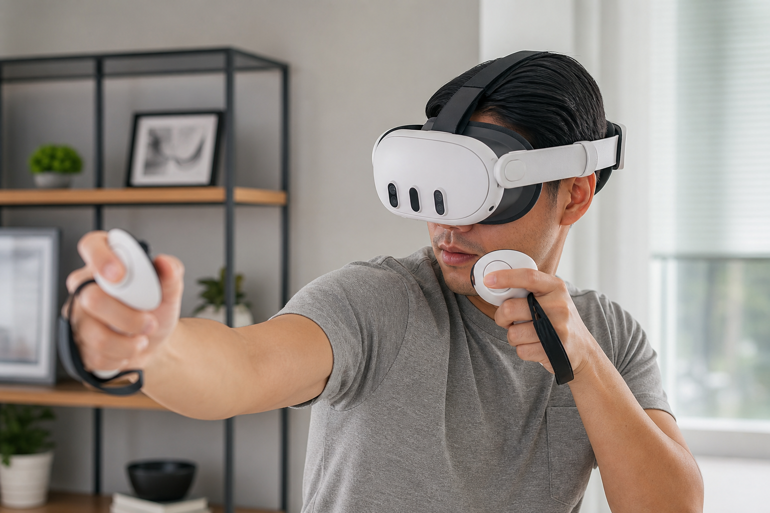 A person looking at a Meta Quest 3 headset and a concept image of the Steam Frame headset, looking thoughtful.