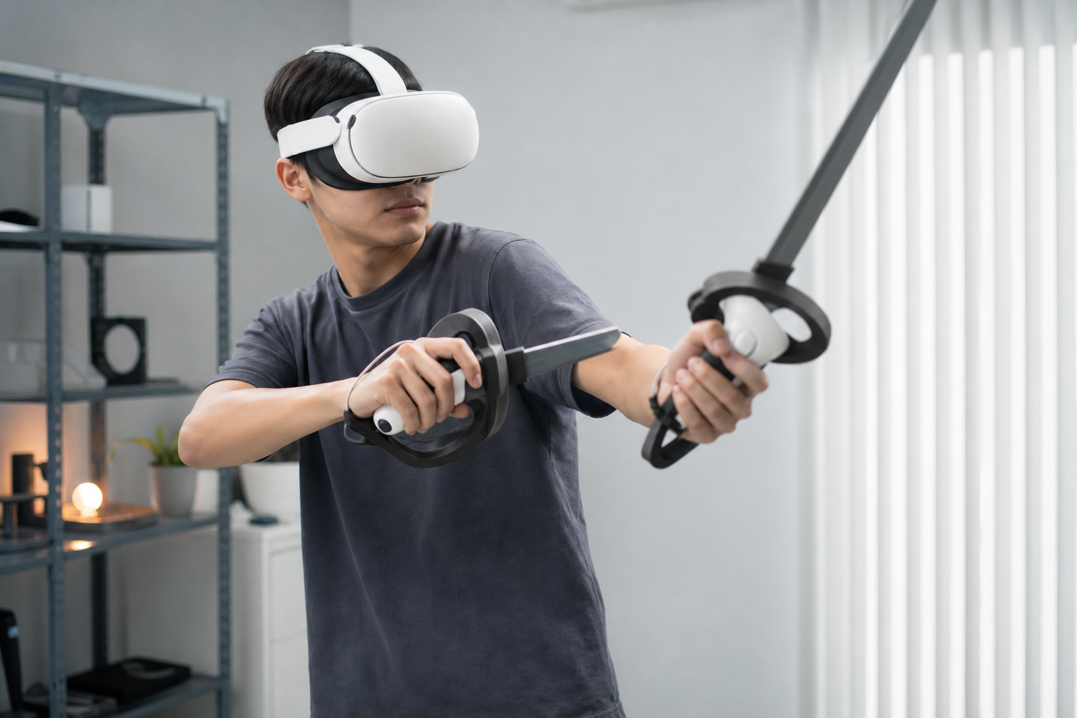 A Meta Quest 3S controller mounted inside a VR sword accessory, ready for gaming.