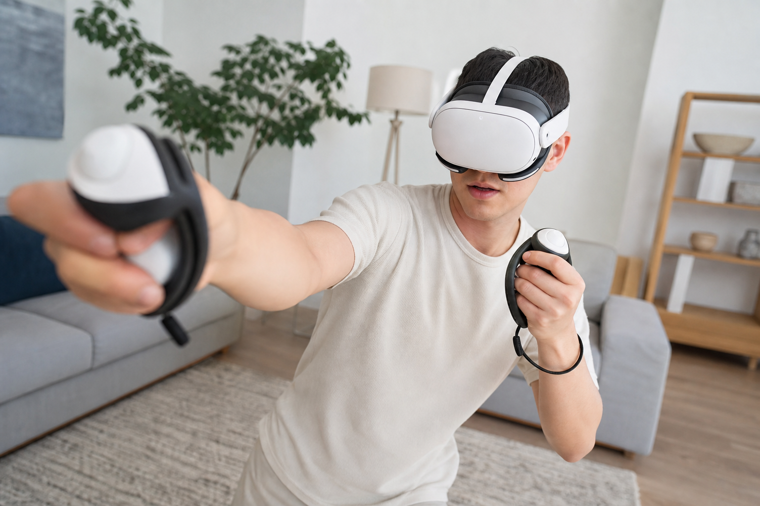 A parent helping a child put on a Meta Quest 3S headset with controllers nearby.