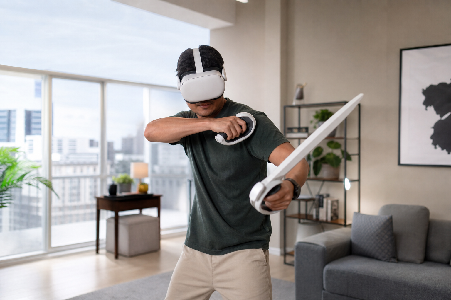A VR user playing inside a clearly marked guardian boundary in a small apartment living room.