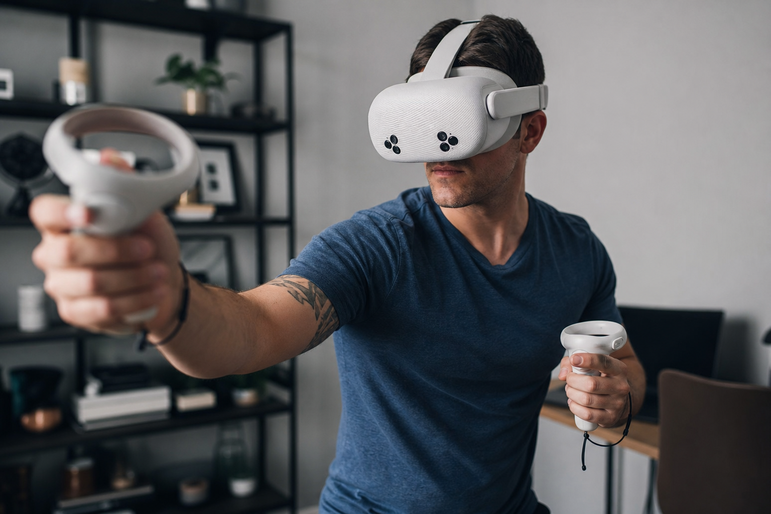 A person playing Vader Immortal on the Meta Quest 3S with a lightsaber-style VR sword.