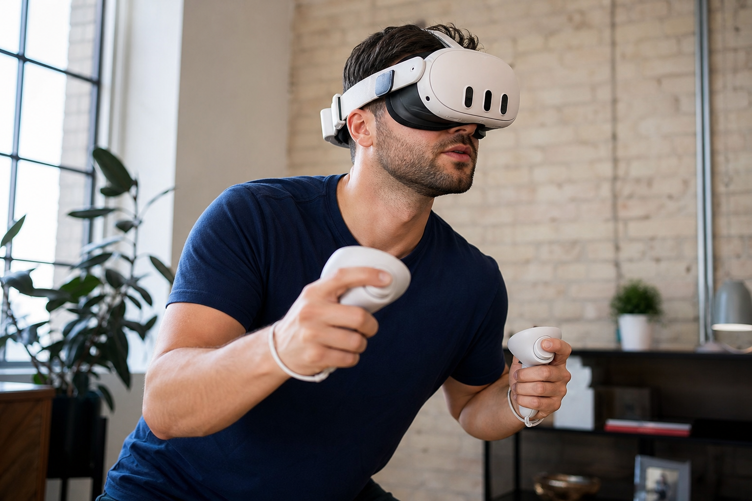 A person wearing the silicone head strap and playing an active VR game