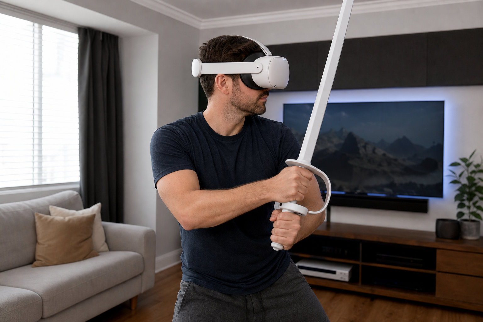 VR sword accessory for Meta Quest 3S held by a player in a compact living room