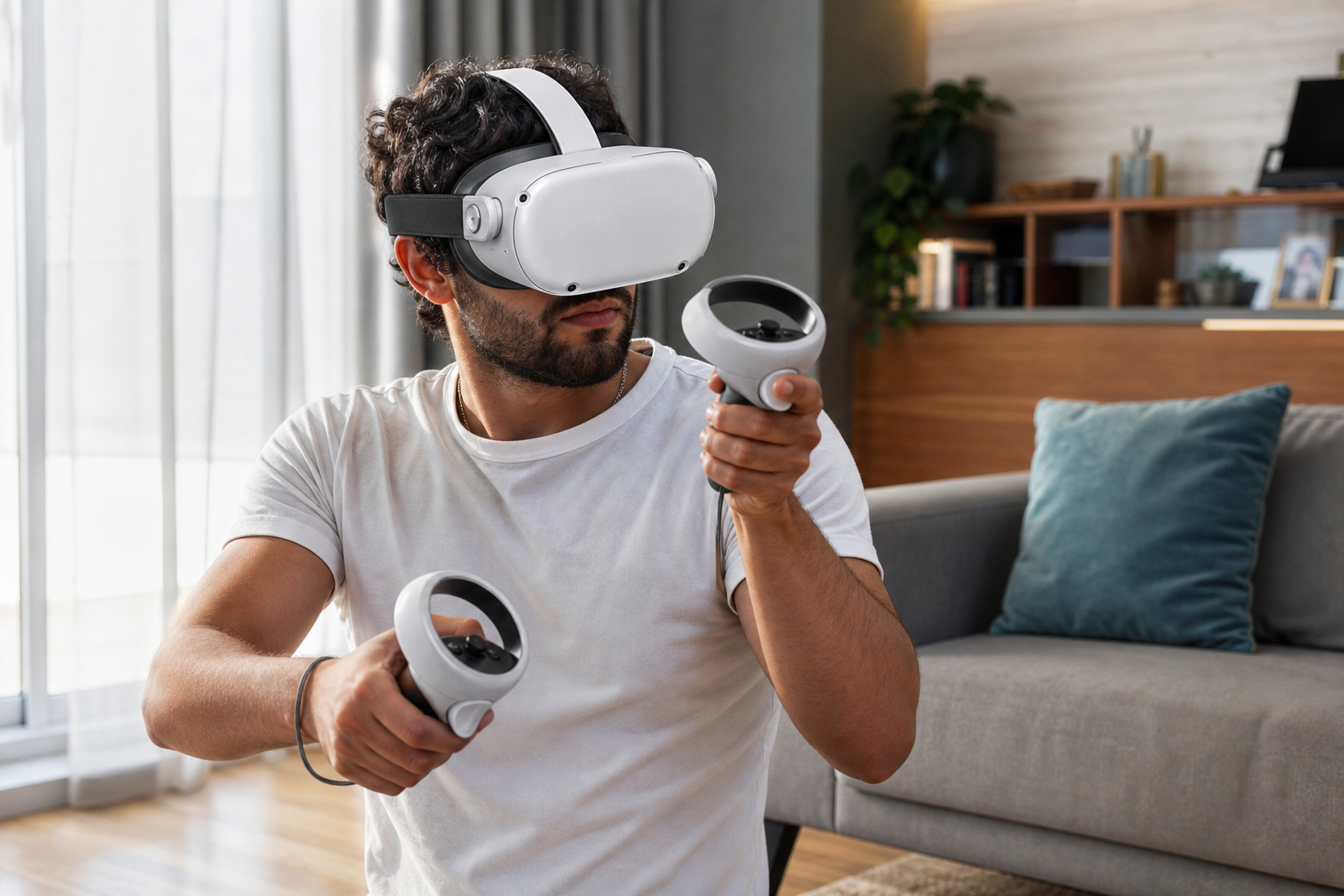 Split screen showing a beginner cautiously holding a VR sword versus an expert player mid-swing