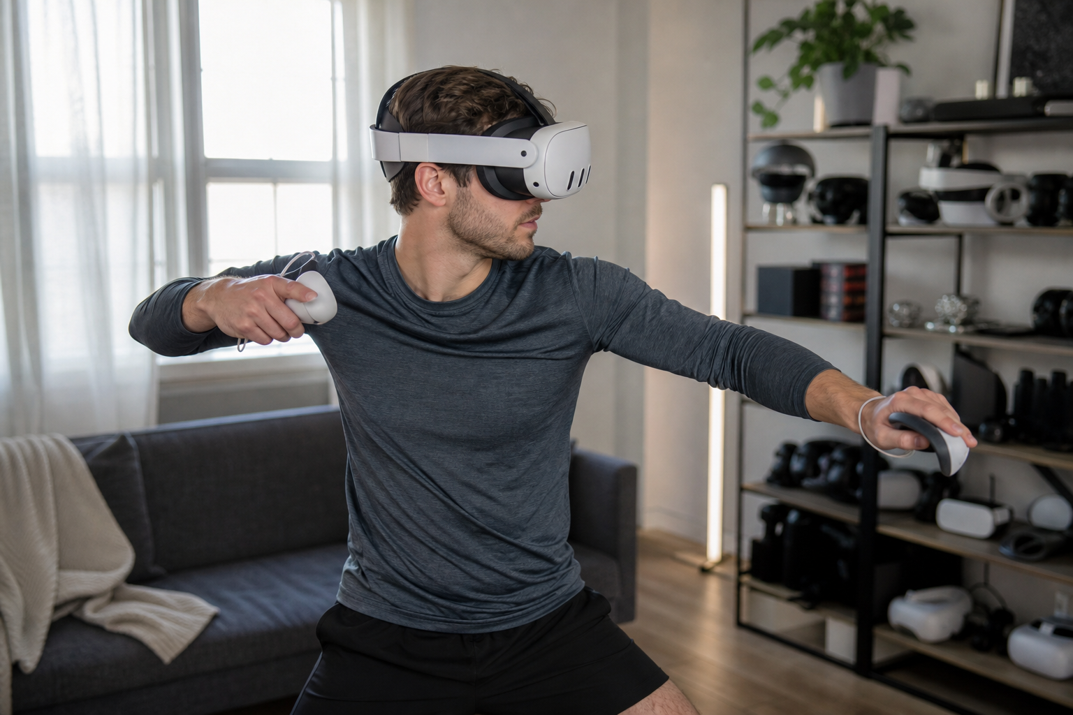 A player in a small room stands on a textured VR mat, using bare Quest controllers for maximum safety
