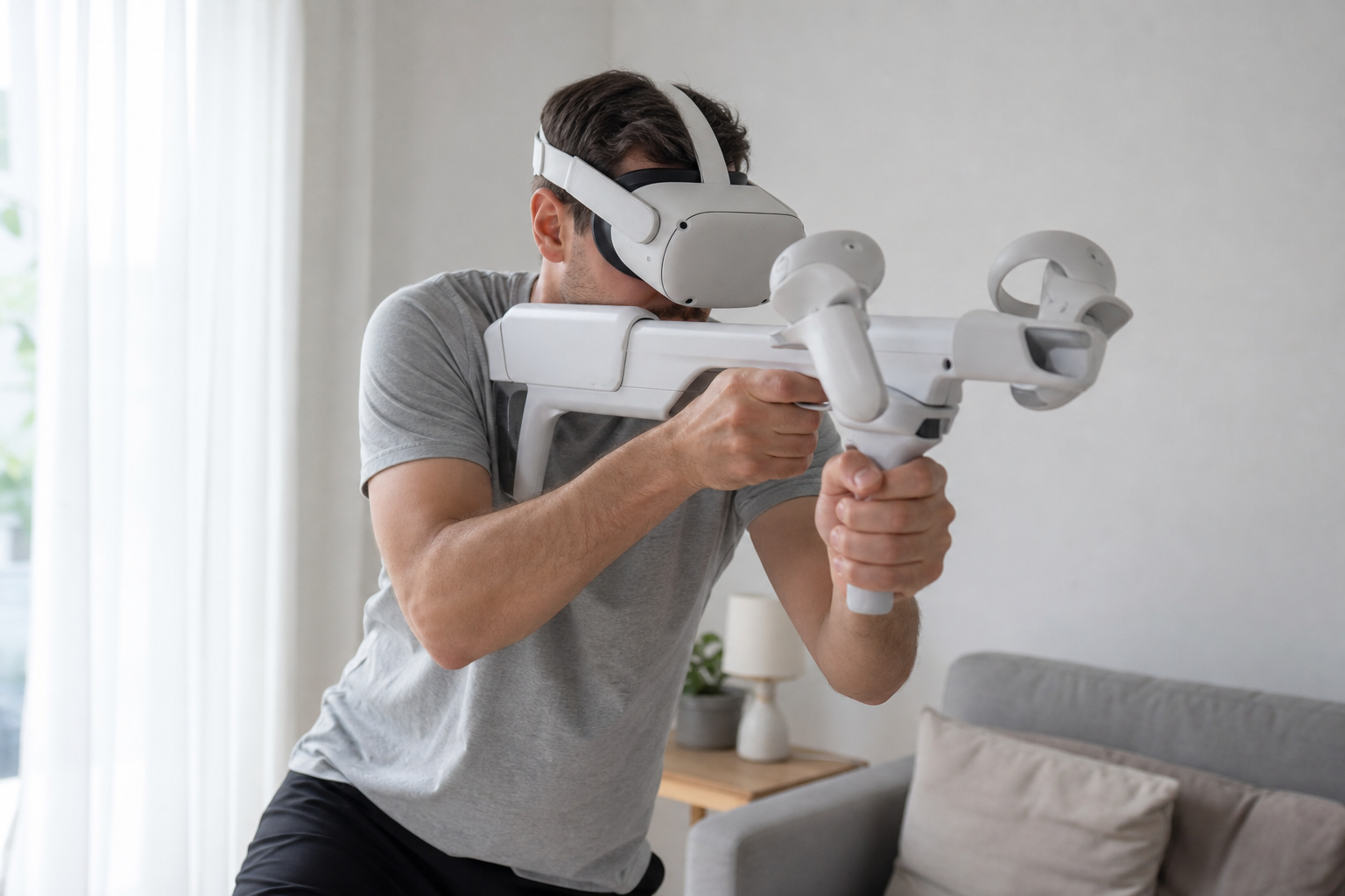 A VR gunstock holding Meta Quest 3 Touch Plus controllers, highlighting the fit in the cups.