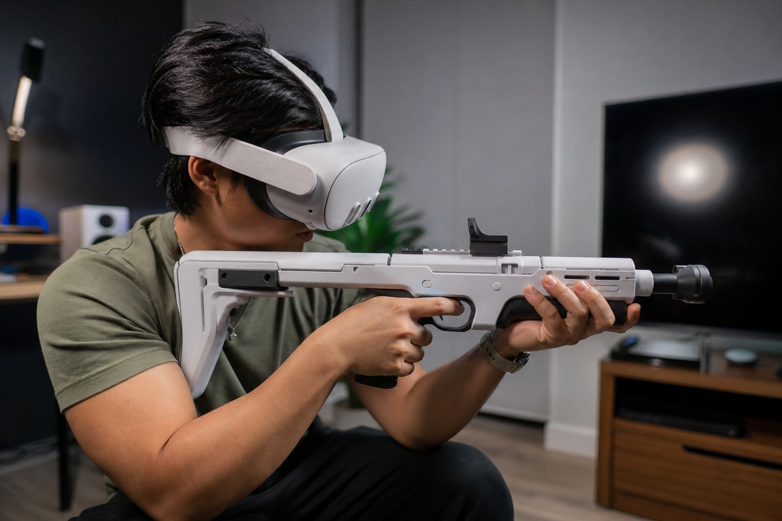A player using a VR gunstock in a left-handed stance, with an icon indicating tracking loss.