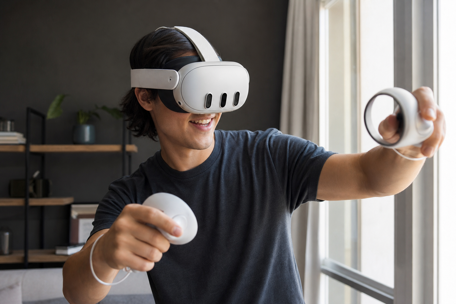 A gamer enjoying a high-fidelity PCVR game wirelessly with an advanced headset