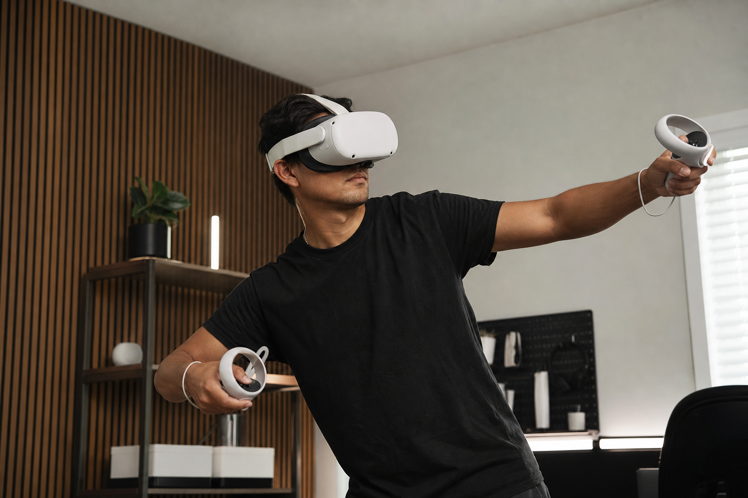 A close-up of a player's hand using a controller grip, showing a more relaxed hand position during a fast Beat Saber section.