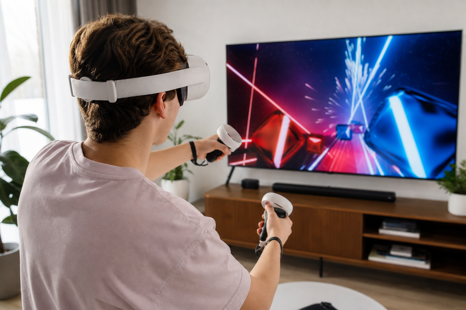 An in-game view of a Beat Saber saber, with an overlay showing the ideal angle versus the angle caused by controller slip.