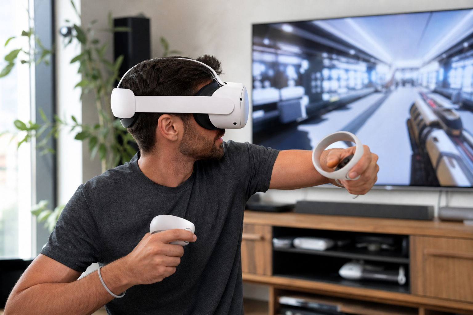 A player looking tired but focused during a long Beat Saber session, with sweat on their brow.
