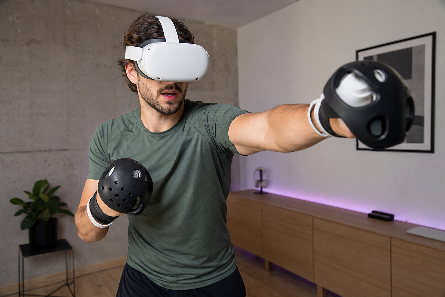 VR boxing gloves fitted on Quest Touch Plus controllers for a small-room workout