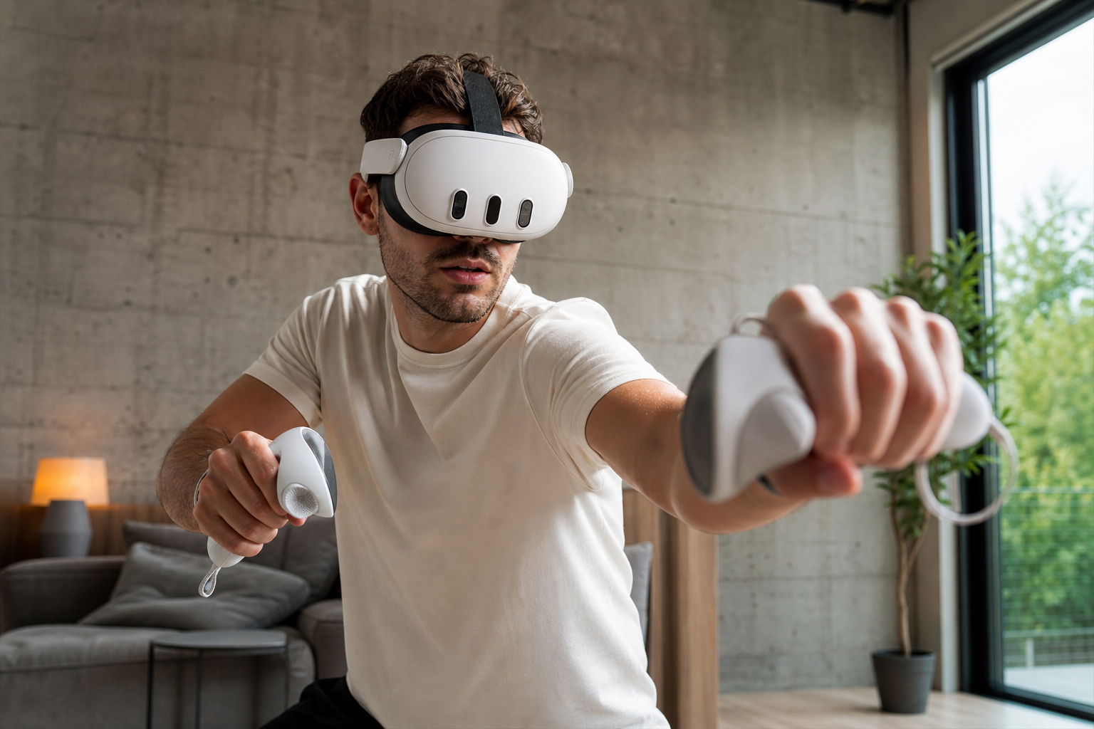 A player wearing VR boxing gloves while playing Creed in a VR headset