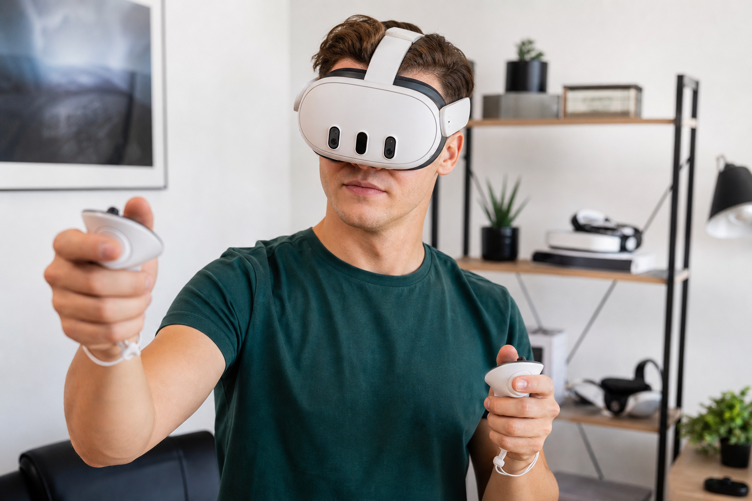 A Meta Quest 3 headset with a silicone strap resting on a table, ready for another user