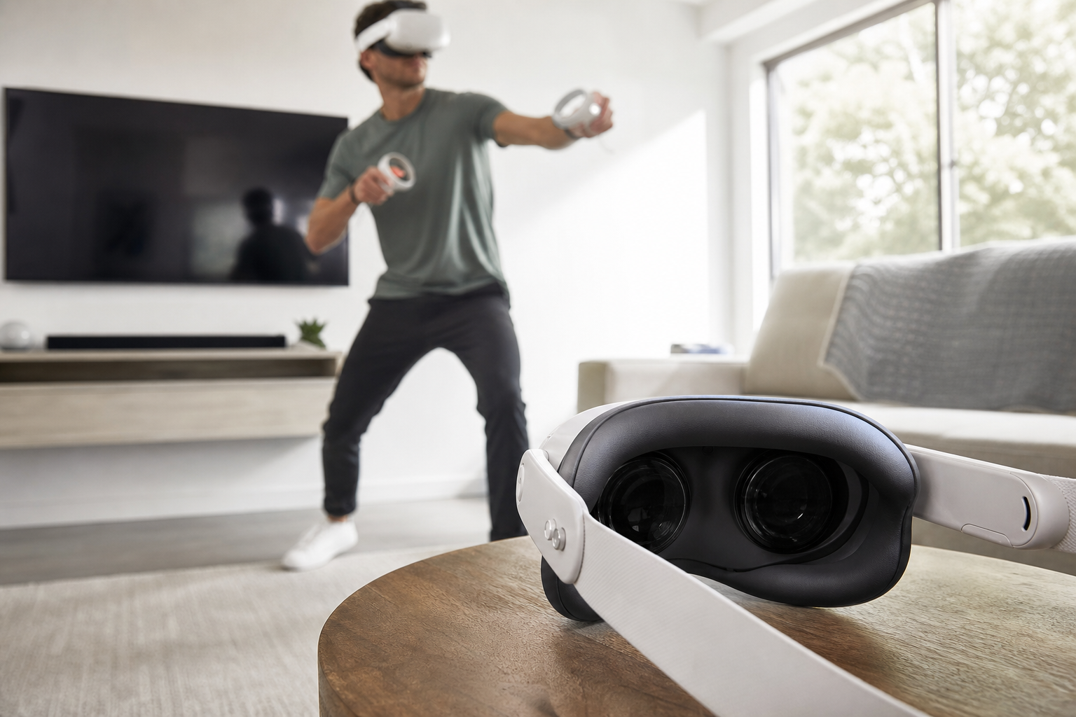 A Quest 3 with an open facial interface resting on a coffee table in a living room.