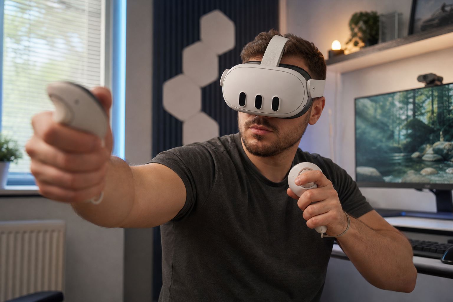 A user wearing a standard Quest 3 facial interface, looking completely sealed off from the outside world.