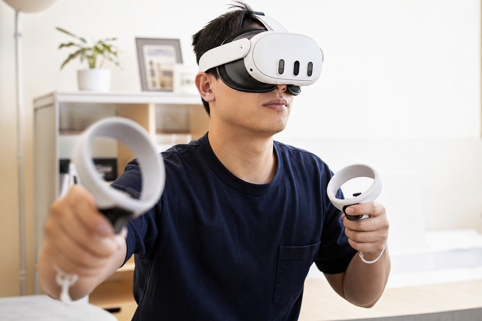 A photo taken from inside the Quest 3 headset with an open facial interface, showing a dark game scene with a soft glow of light leak visible around the nose area.