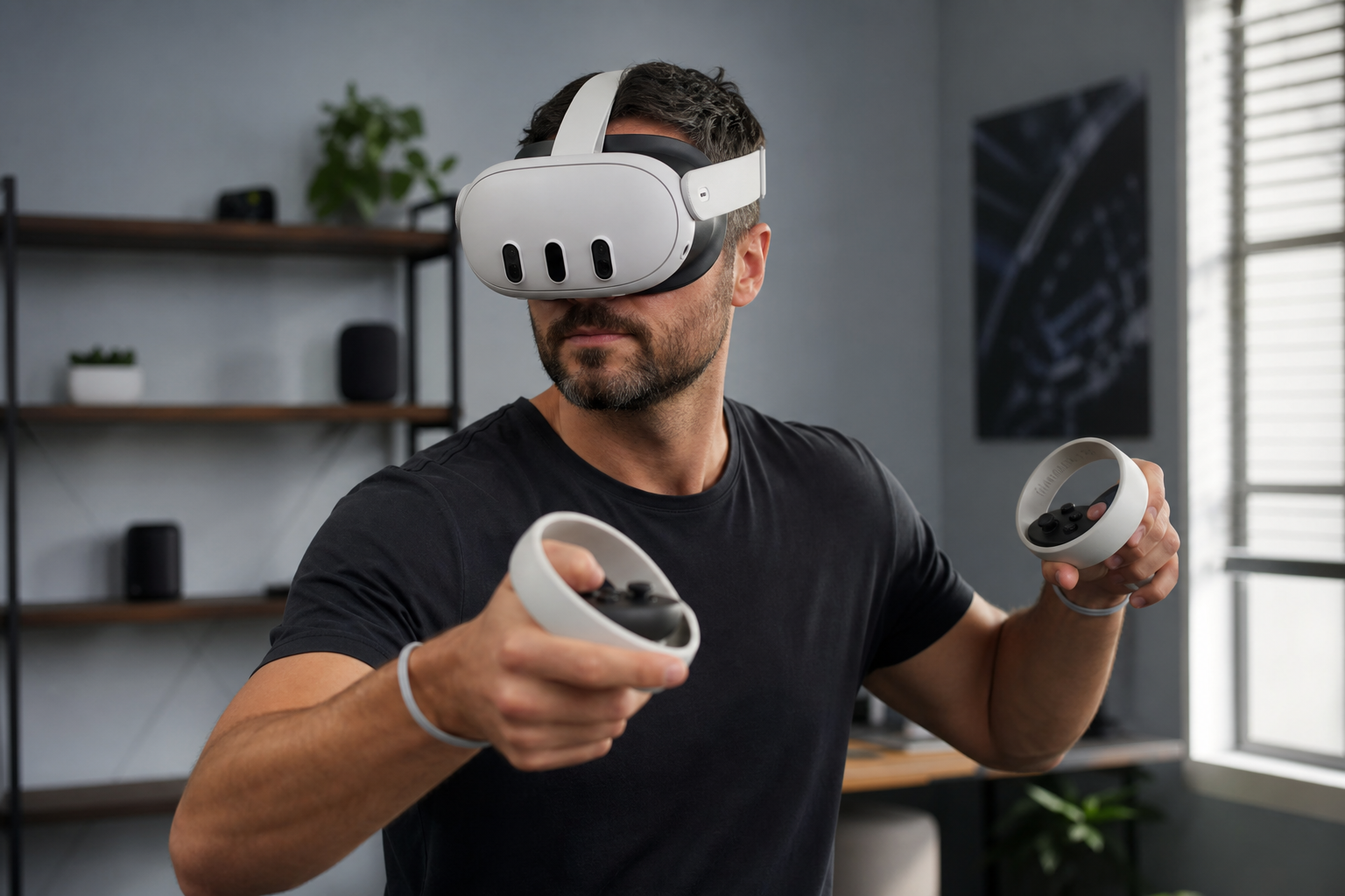 A person playing a VR fitness game in their living room, using the Quest 3 with an open facial interface, looking comfortable and aware.