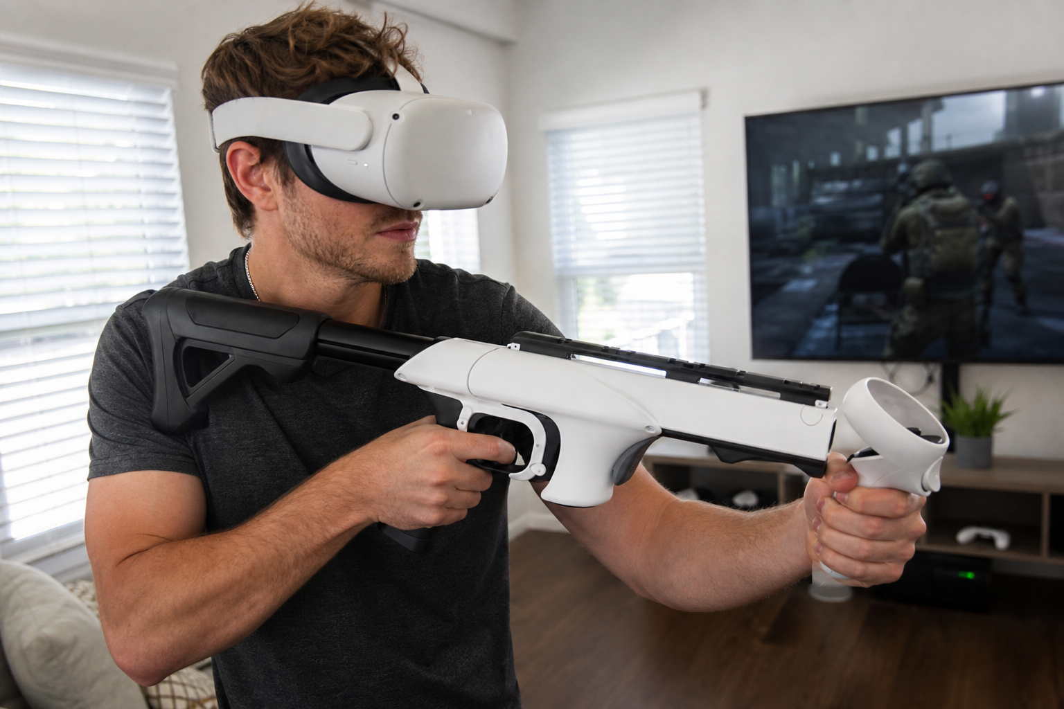 A VR gunstock with Quest Pro controllers ready for a Pavlov Shack test