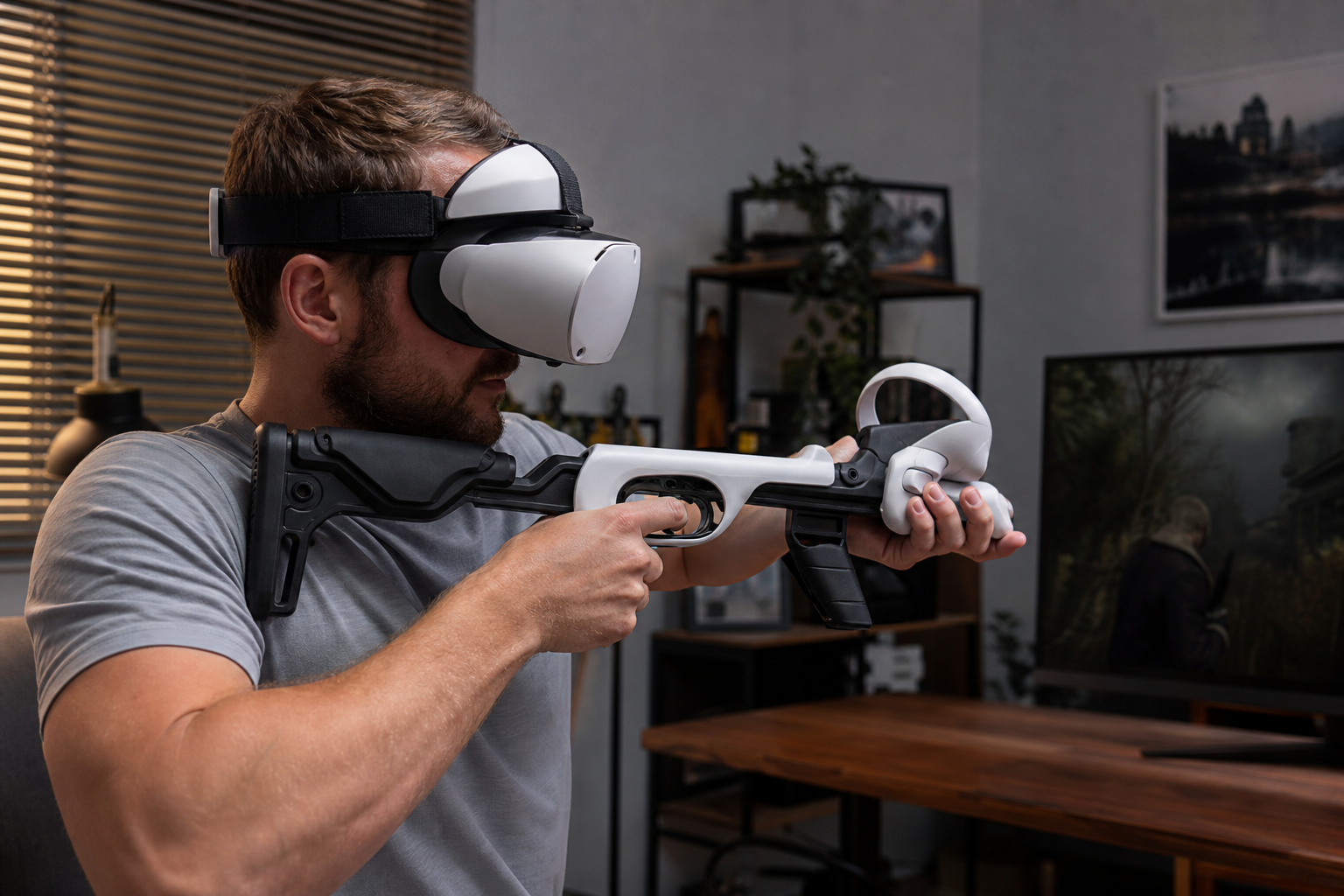 A family member looking confused while trying to aim with a VR gunstock in a living room.