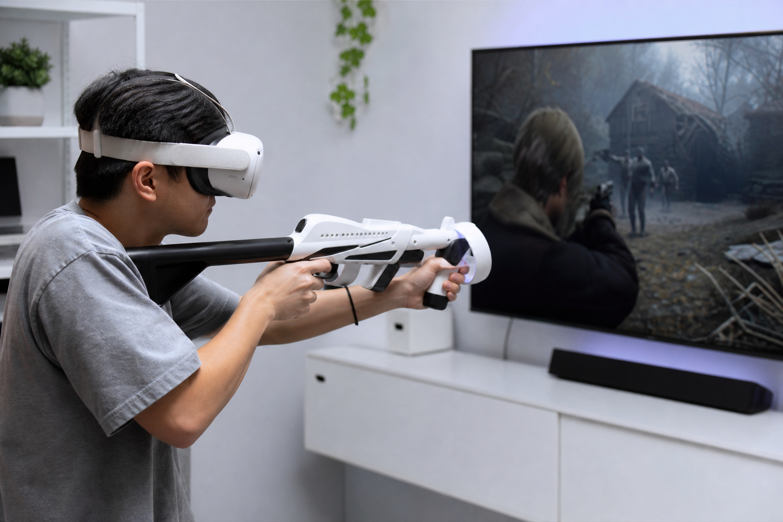 A left-handed player bumping into a wall while using a VR gunstock in a small room.
