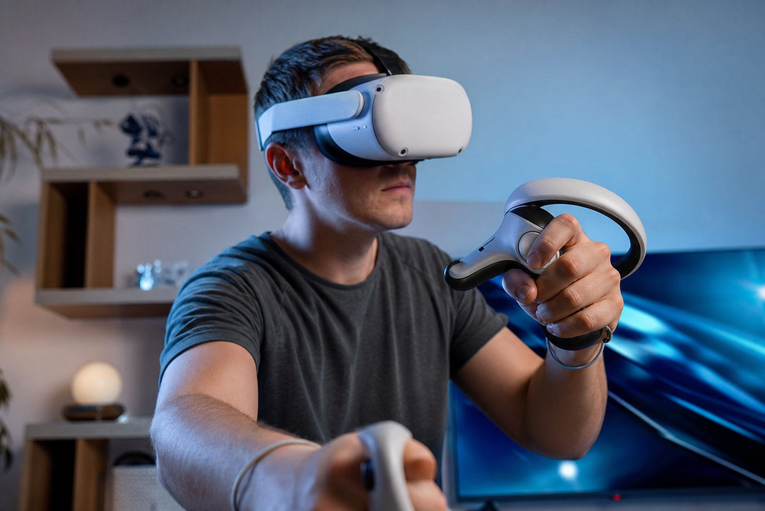 A player confidently aiming a VR gunstock in Resident Evil 4 VR during a tense moment.