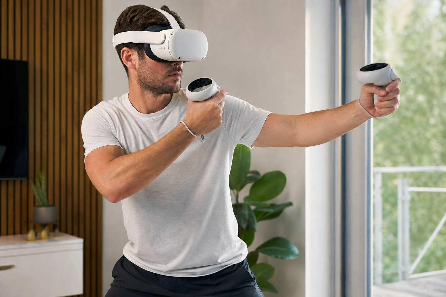 Close-up of a VR gunstock showing the controller mounts during a quick burst fire sequence in a game.