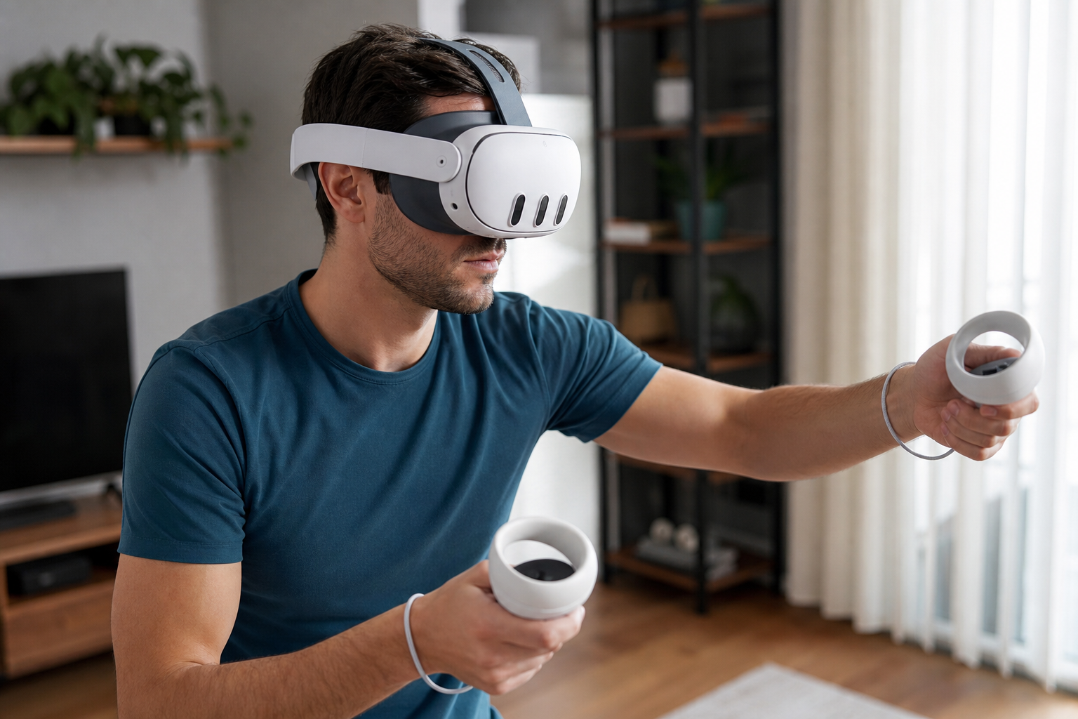 A person wearing a Meta Quest headset with a silicone head strap during an active VR game, showing no slippage.