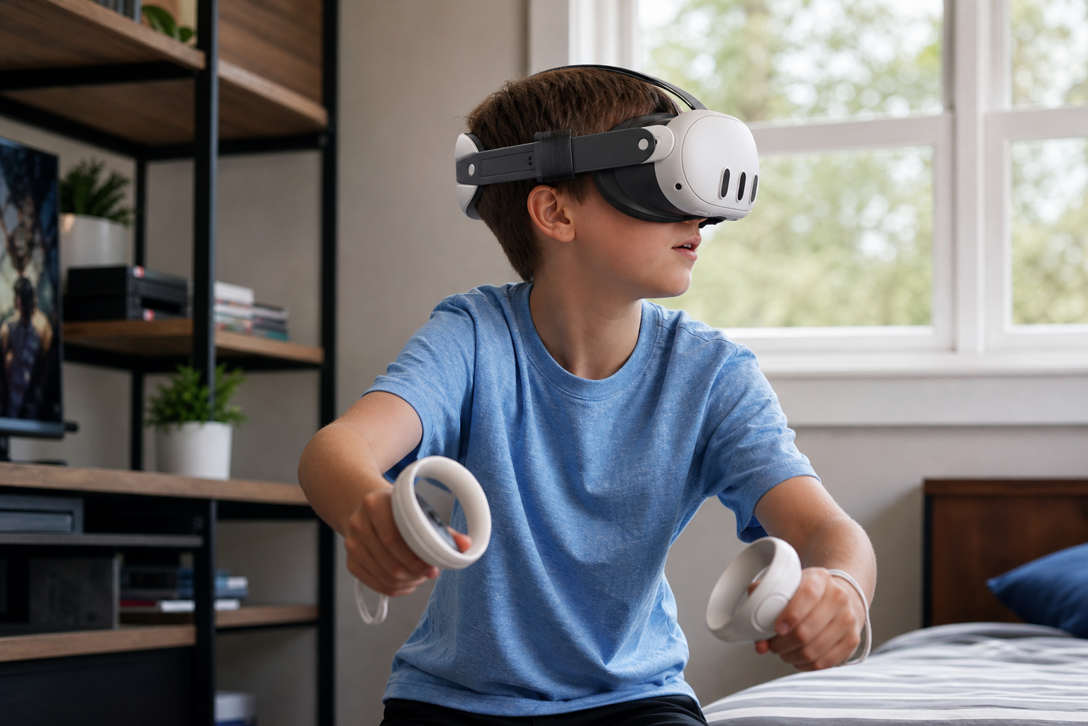 A teen pointing to the pressure marks on their face left by the stock Meta Quest cloth strap after a short gaming session.