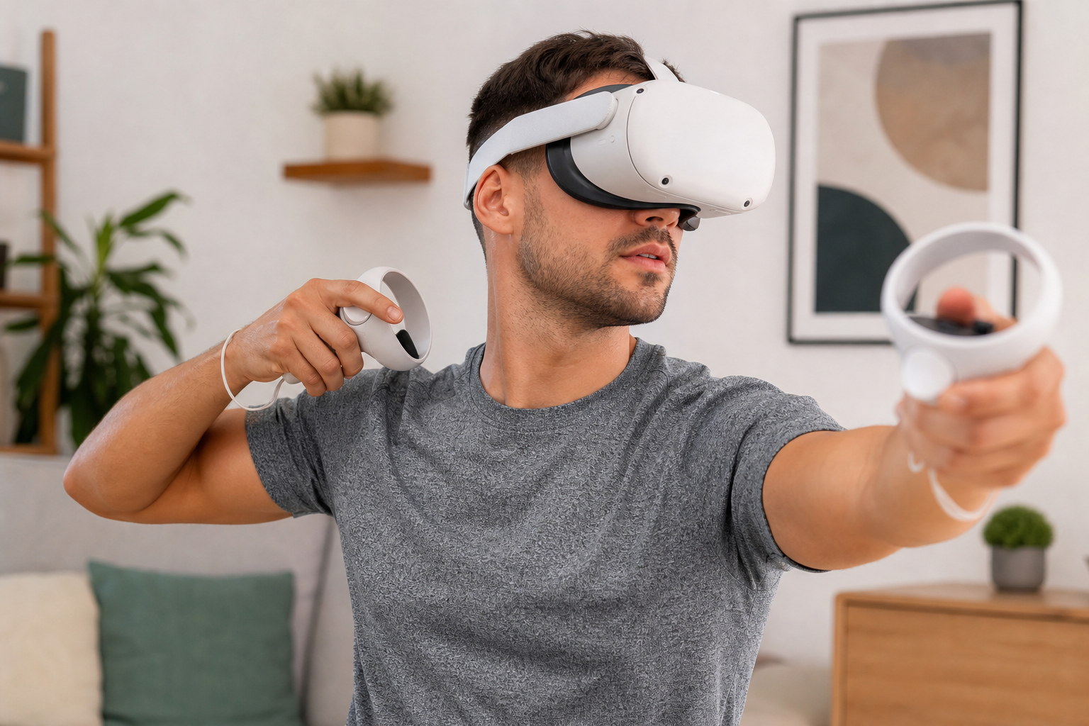 A small-head user smiling while wearing the silicone head strap, looking comfortable and in control of their VR experience.