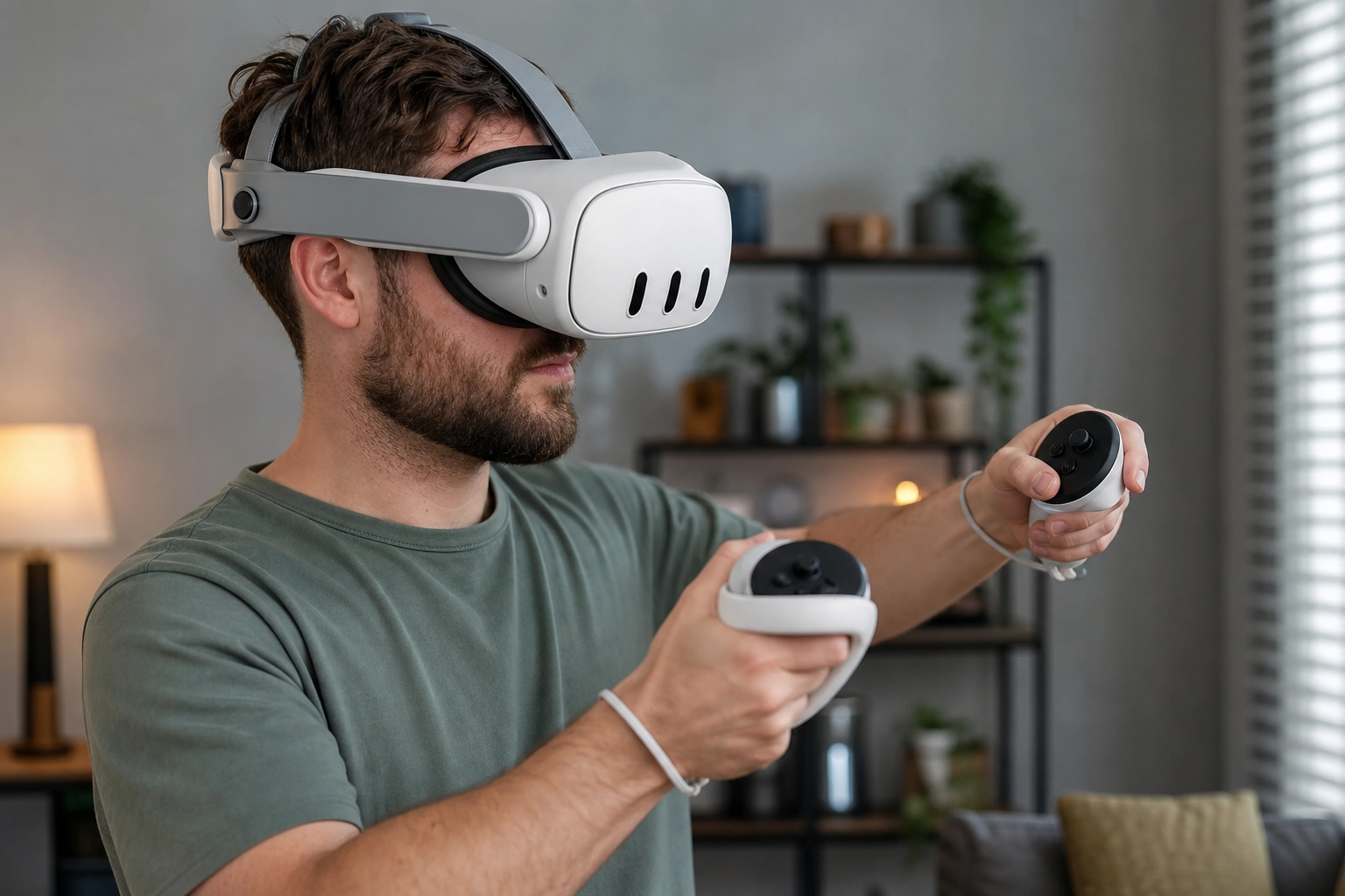 A Meta Quest headset with a silicone head strap and Touch Plus controllers, showing a complete and properly adjusted setup.