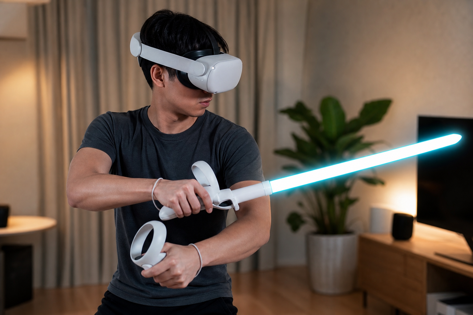 Player holding the VR Sword attachment showing wrist position after ten minutes of play.