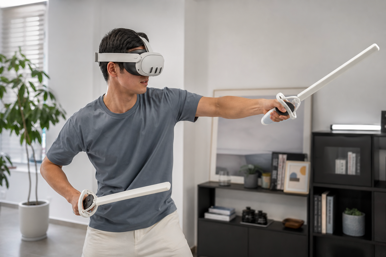 Fitness player in a typical play space showing the potential collision risk with the VR Sword.
